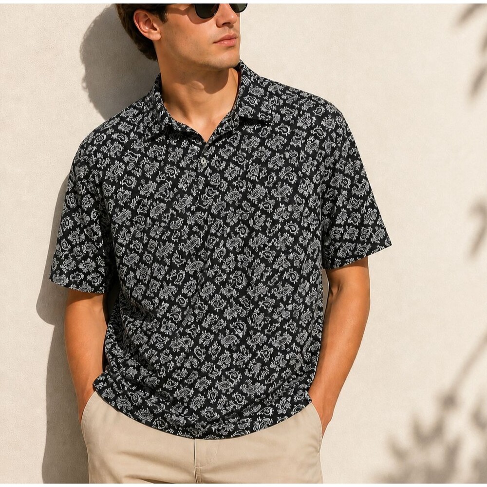 Polo Golf Ralph Lauren Paisley Black White Cotton Short Sleeve Polo Shirt XL